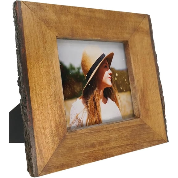 4x4 Rustic Picture Frames with Natural Bark Edges, Brown Wood Photo Frame for Tabletop or Wall Mounting Display