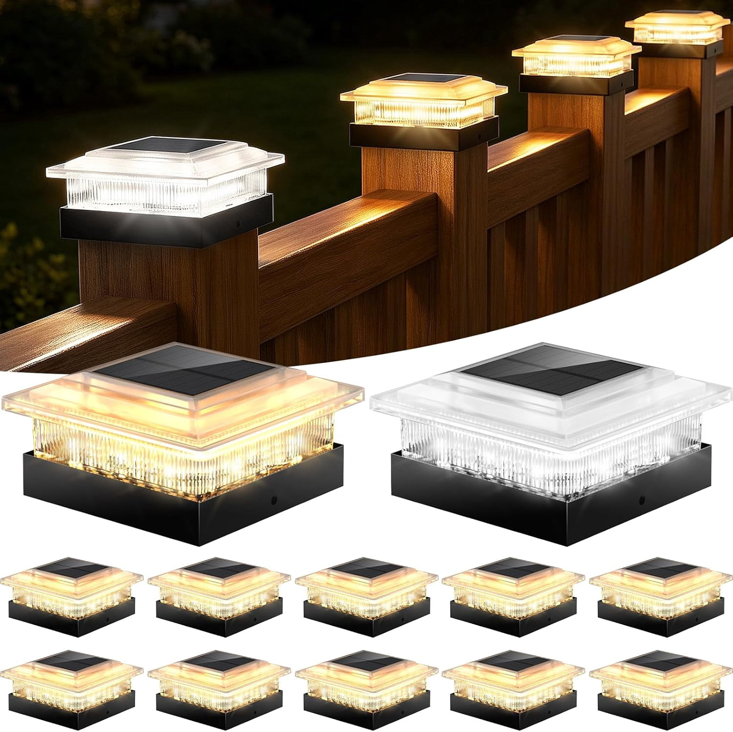 4x4 Solar Post Cap Lights 12 Pack, 4 Modes Outdoor Post Lights Solar Powered Dusk to Dawn Outdoor Post Light Solar Light for 4x4 3.5x3.5 Fence Post Mailbox Post -12 PACK