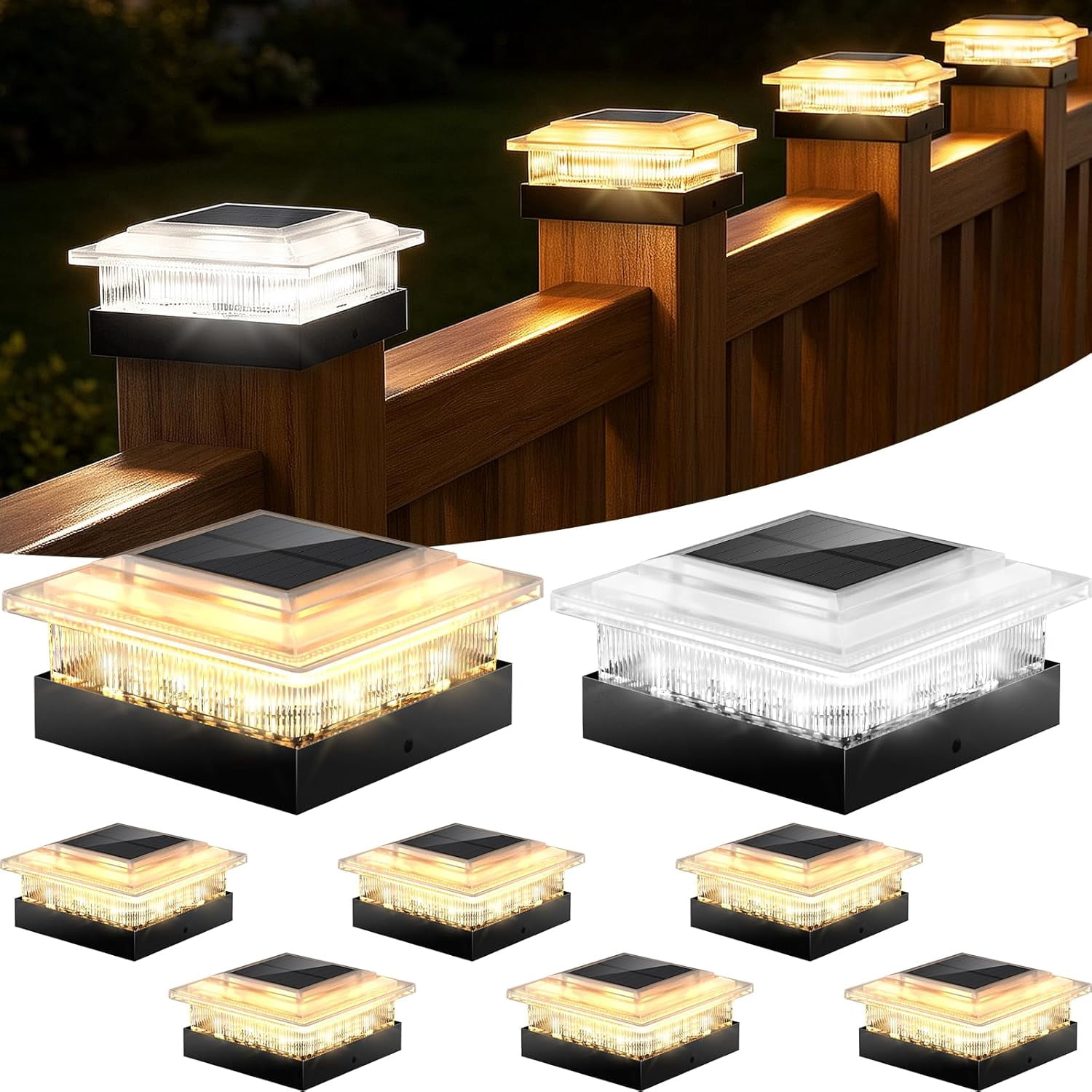 4x4 Solar Post Cap Lights 8 Pack, 4 Modes Outdoor Post Lights Solar Powered Dusk to Dawn Outdoor Post Light Solar Light for 4x4 3.5x3.5 Fence Post Mailbox Post