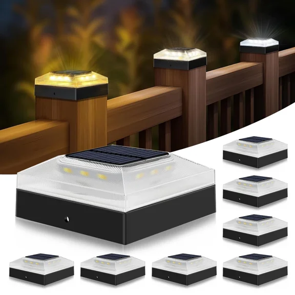 4x4 Solar Post Cap Lights, 8Packs Fence Post Solar Lights with with 3 Lighting Modes, Fit 4x4 Wood/Vinyl Posts, Waterproof Outdoor Deck Post Light for Patio, Fence, Porch