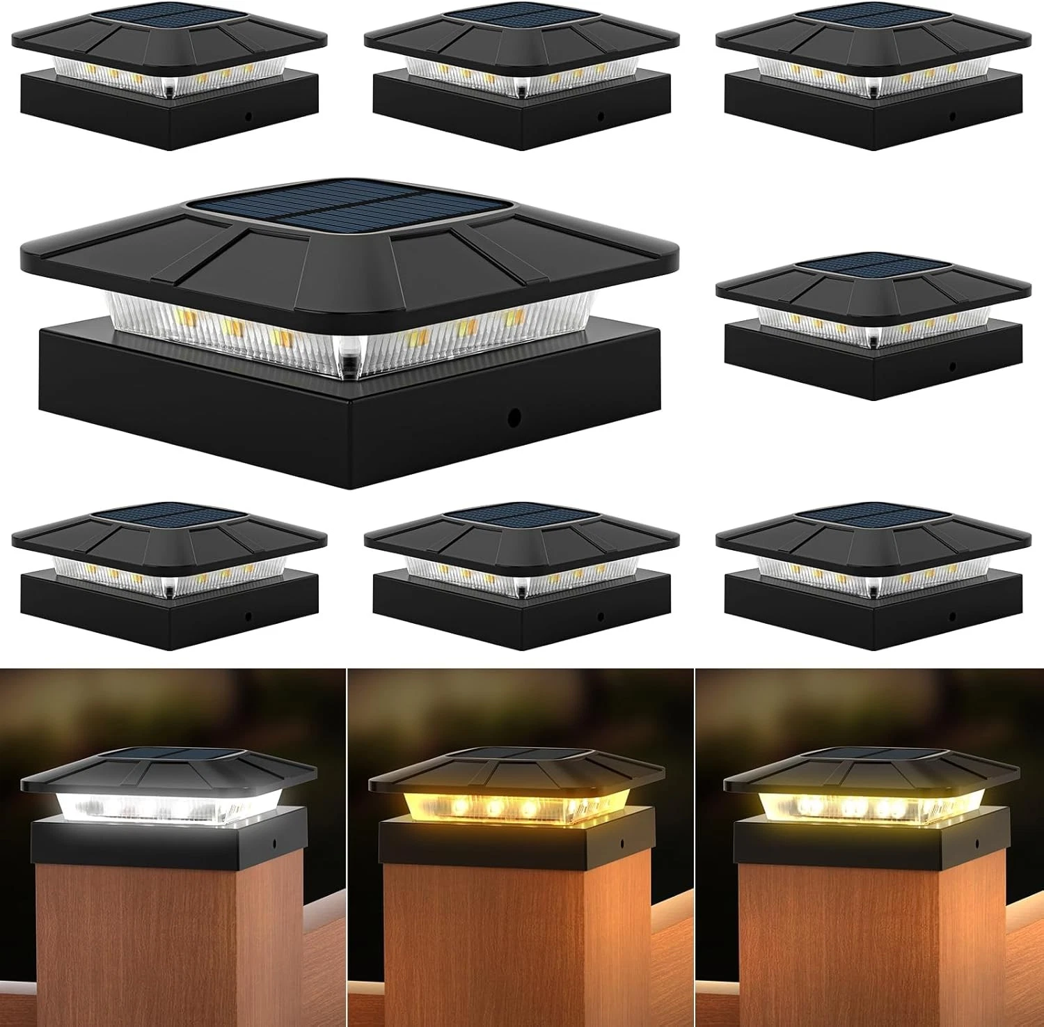 4x4 Solar Post Cap Lights, 8Packs Fence Post Solar Lights with with 3 Lighting Modes, Fit 4x4 Wood/Vinyl Posts, Waterproof Outdoor Deck Post Light for Patio, Fence, Porch
