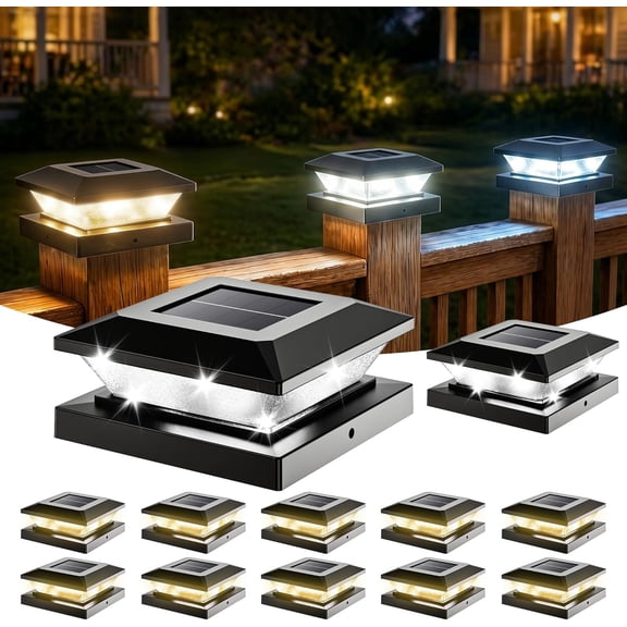 4x4-Solar-Post-Cap-Lights-Outdoor 12 Pack Solar Powered Fence Post Lights 3 Lighting Modes Deck Postcap Light for 3.5x3.5 4x4 Wood/Vinyl Posts LED Waterproof Garden Patio Porch Black