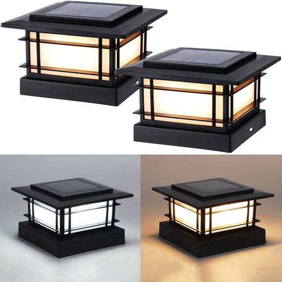 2PACK Solar Post Cap Lights Outdoor with 2 Color Modes, Fence Post Solar Lights Black Shell Fit for Vinyl/Wooden Posts, High Brightness SMD LED Lighting Decor for Garden Deck Patio