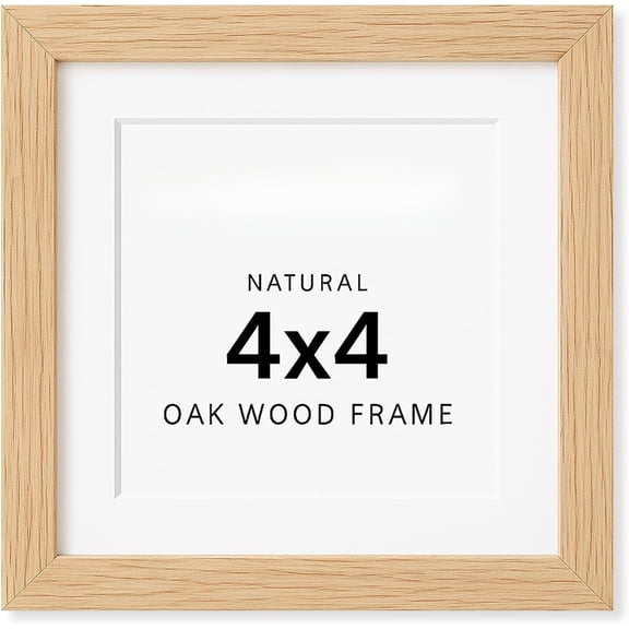 4x4 Solid Oak Wood Picture Frame, Fits 3x3 with Mat or 4x4 Without Mat, Wall or Tabletop Display with Stand, Plexi Front, 1 Pack, Natural Oak