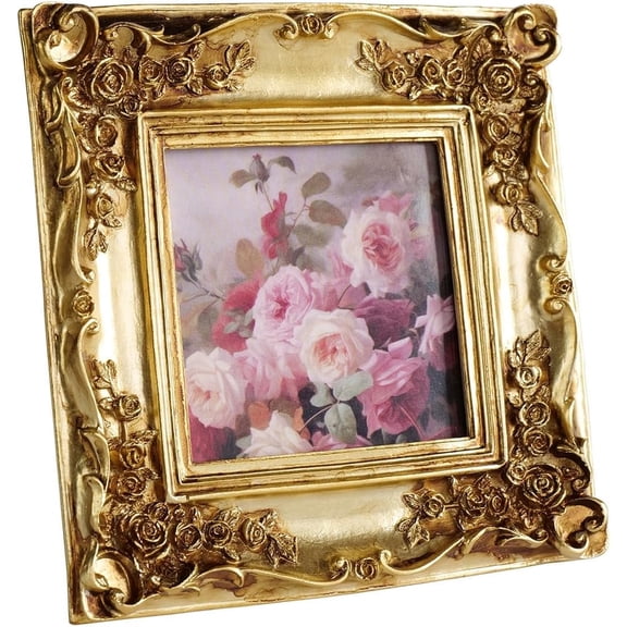 4x4 Vintage Picture Frame, Vintage gold Flower Textured Hand-Crafted Resin with Glass Front Elegant Retro Vintage Design Photo Frame for Tabletop Display Home Decor