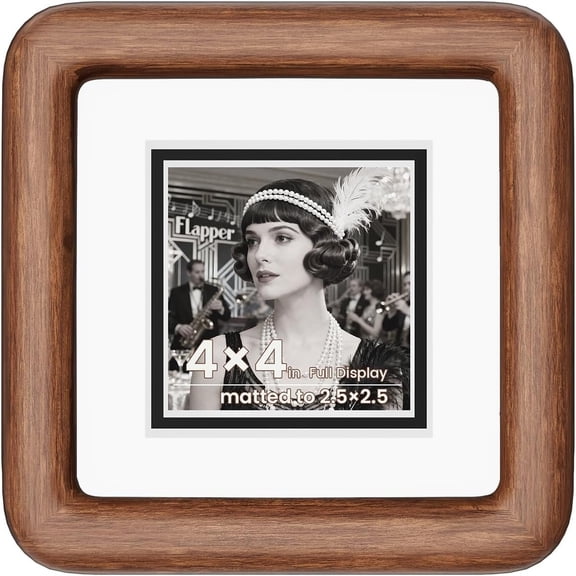 4x4 Walnut Square Picture Frame, -Tone Mat for 2.5x2.5 Photos, Solid & Tempered Glass, Rich Grain, Wall Mount or Tabletop Display