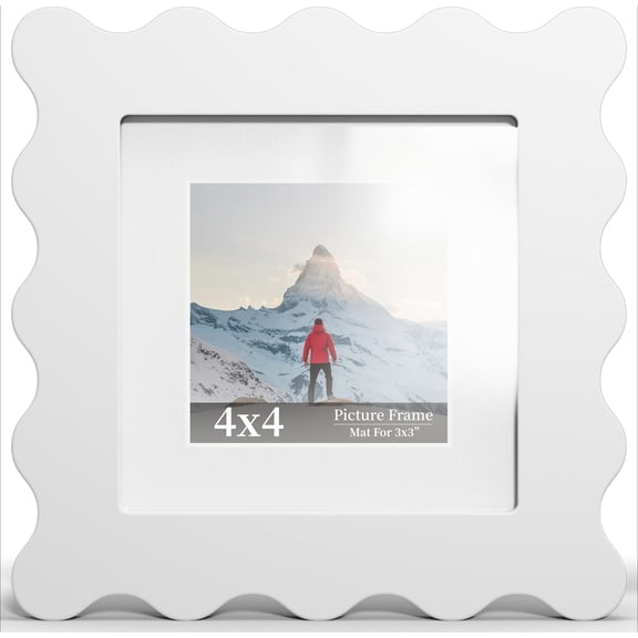 4x4 Wavy Picture Frame with Mat for 3x3, Real Glass and Wooden​ Frame - Tabletop or Wall Hanging Photo Frame(1 Pack,White)