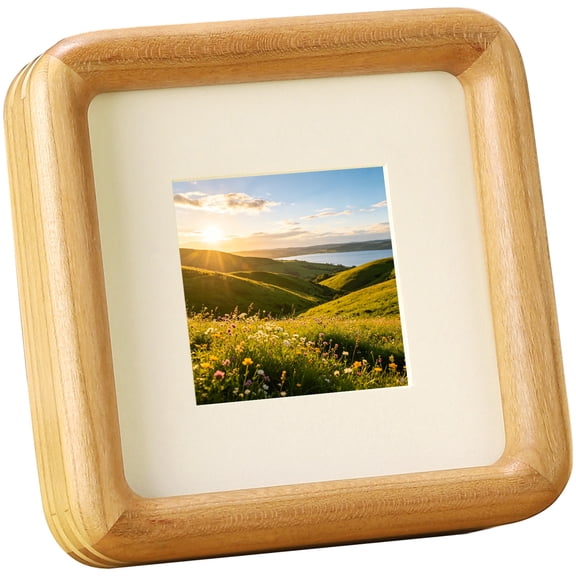 4x4 Wood Picture Frame, Solid Wood Square Photo Frame with 2x2 Mat, Press Pop Open Back for Easy Swap, Rustic Rounded Corner Tabletop Display Present