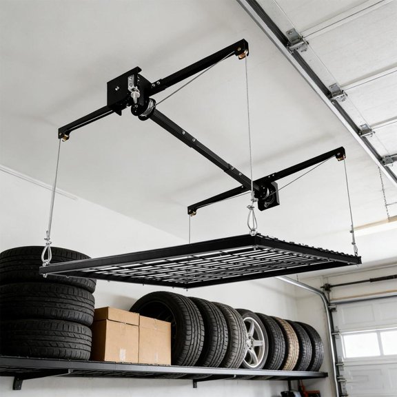 4x4 ft Garage Ceiling Storage Rack, 325 lbs Heavy-Duty Lift System with Safety Lock, Space-Saving Drop-Down Organizer for 8-12ft Ceilings and Workshops