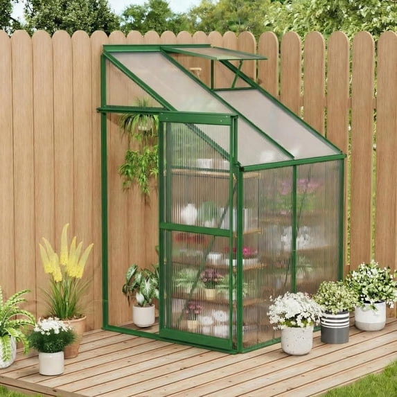4x4FT Lean-to Greenhouse – Walk-In Outdoor Garden Plant Shelter with Adjustable Roof Vent, Sliding Door, Sturdy Aluminum-Steel Frame, All-Season Plant Protection, Green-4x4FT