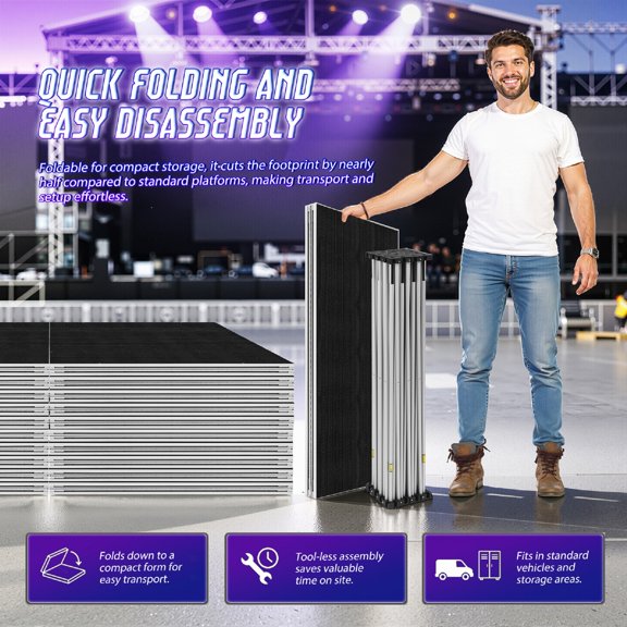 4x4FT Portable Folding Stage Platform, Supports 700kg Per M, Easy Setup, Foldable Stage Platform Modular Unit with 2.7FT High Riser for Wedding DJ Performances