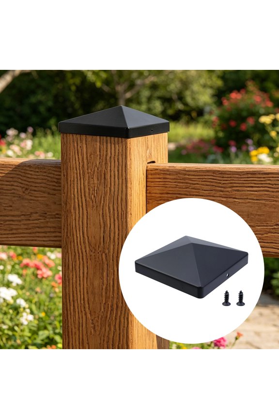 4x4inch Square Fence Post Cap, Black Fence Post Cover, Waterproof Rust Proof Pyramid Post Top Cap, Decorative Fence Post Protector, with Mounting Screws for Wood Fences Garden Yard Use