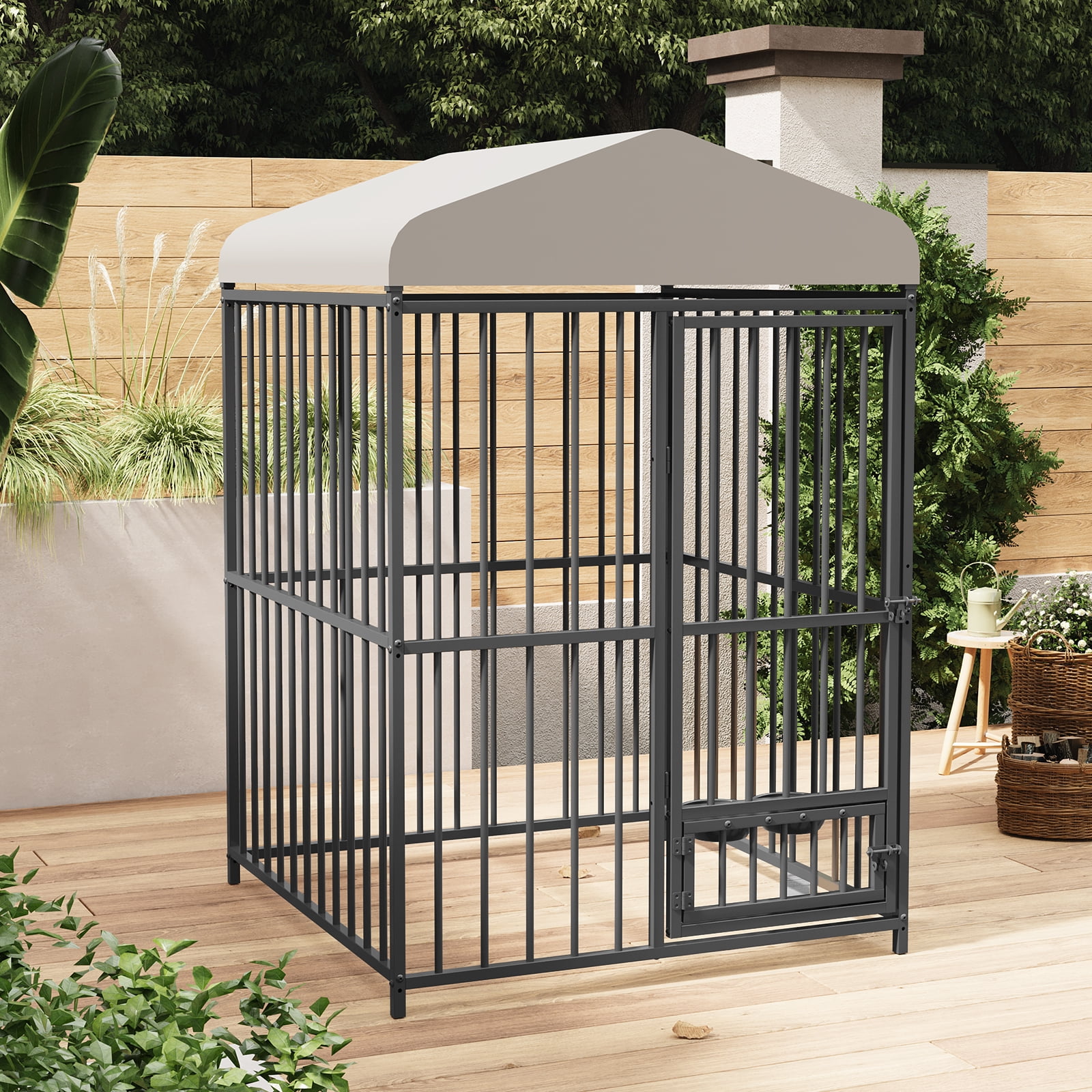 4x4x6 FT Heavy Duty Outdoor Dog Kennel - with Waterproof Roof & Feeding Doors for Garden & Backyard