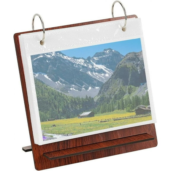4x5.5 Inch Wooden Photo Desk Album Brown Flip Photo Album Flip Frame Scrapbook Album Desktop Mini Photo Album Collection for Advertising Paper Calendar Menu Beverage Ad Card 24 Pages DIY