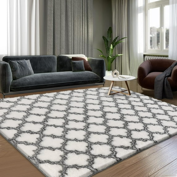 4x5.8 Plush Area Rug, High Pile Rugs for Living Room, Ultra Soft Indoor Carpet for Bedroom, Kids Room, Playroom, Home Decor, Geometric, White/Black