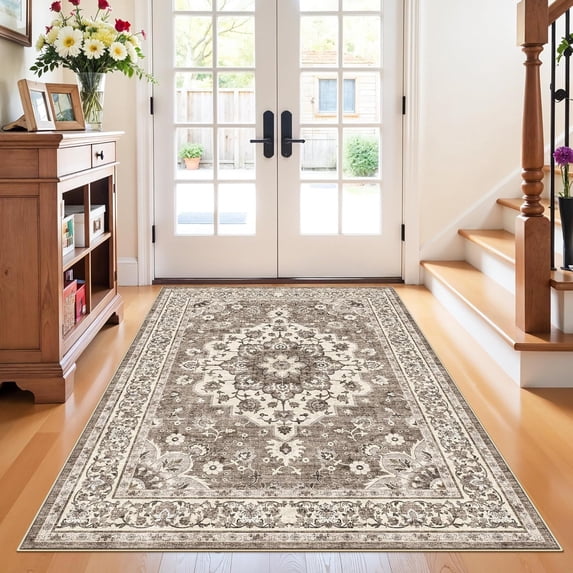 4x5 Area Rugs for Living Room: Perfect for Bedroom Kitchen Kids Room Nursery - Stain & Water Resistant Non-Slip Pet & Child Friendly Vintage Carpet (Beige, 4x5)