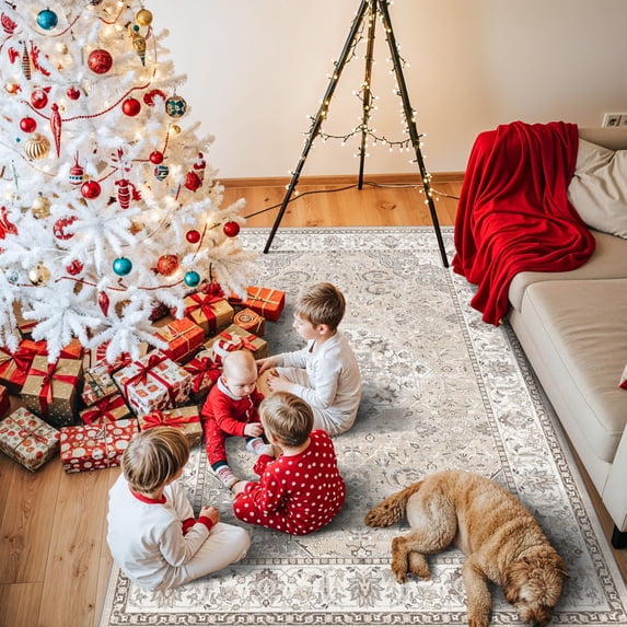 4x5 Living Room Area Rugs: Washable Farmhouse Bedside Rugs Non Slip Low Pile Vintage Small Carpet For Kitchen Bedroom Non-shedding Printed Floor Mat Office Dining Room(4x5 Beige)