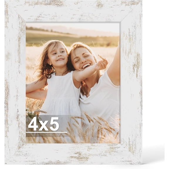 4x5 Picture Frame, Made of Real Glass and Wooden Frame, Horizontal and Vertical Display for Wall or Tabletop (Distressed White, 1 Pack)