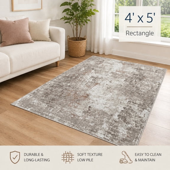 4x5 Washable Area Rug for Entryway - Non-Slip Low-Pile Indoor Carpet with Rubber Backing, Modern Abstract Neutral Soft Mat in Beige Grey for Kitchen, Bathroom, Bedroom, Living Room