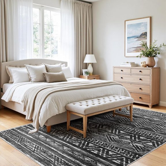4x5 Washable Entryway Rug, Modern Moroccan Runner, Soft Non-Slip Low Pile Floor Carpet for Kitchen, Living Room, Bedroom, Home Office, Black