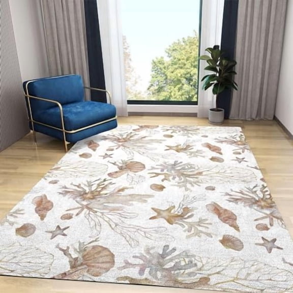 4x5ft Brown Beach Coastal Coral Starfish Shells Rugs For Living Room, Modern Abstract Sea Life Print Rug, Easy-to-Clean Carpet Non-Slip Fluffy Soft For Bedroom Kids Boys Girls Room