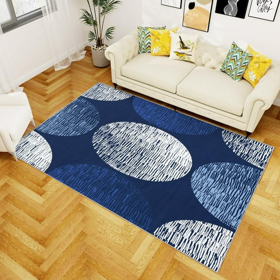 4x5ft Geometric Rugs For Living Room - Geometric Rug - Polka Dot Area Rug - Navy Blue And White Rugs - Soft Washable Non Slip Low Pile Abstract Carpet