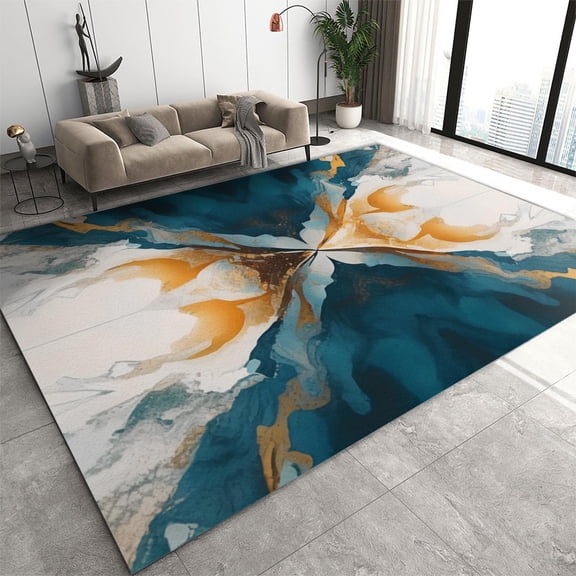 4x5ft Kids Rug,Abstract Ink Blue Texture Marble Dining Room Rug,Retro Turmeric Liquid Stripes Easy To Clean Soft Washable For Bedroom Office Game Room Teen Room Hotel