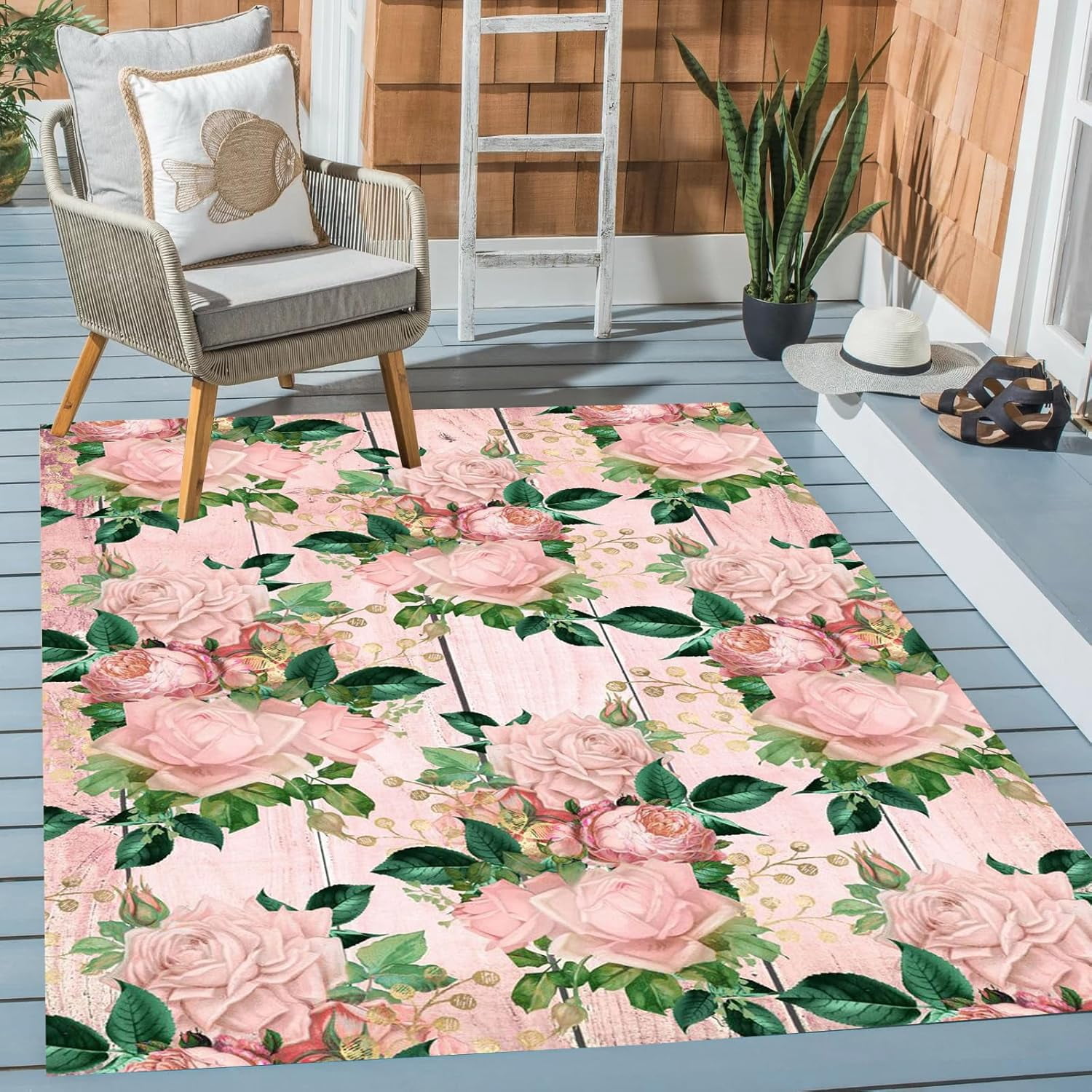 4x5ft Outdoor Area Rug Pink Green Modern Farmhouse Waterproof Rug for ...