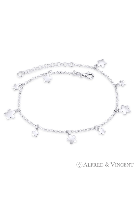 4x5mm & 7x7mm Flowers on 2mm Rolo Link Chain Italian Charm Anklet in .925 Sterling Silver