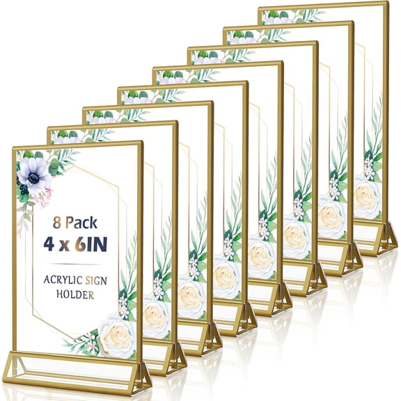 4x6 Acrylic Sign Holders 8 Pack Gold Table Number Holder for Wedding Picture Frame Double Sided Table Menu Stands with Vertical Stand, Photos and Art Display