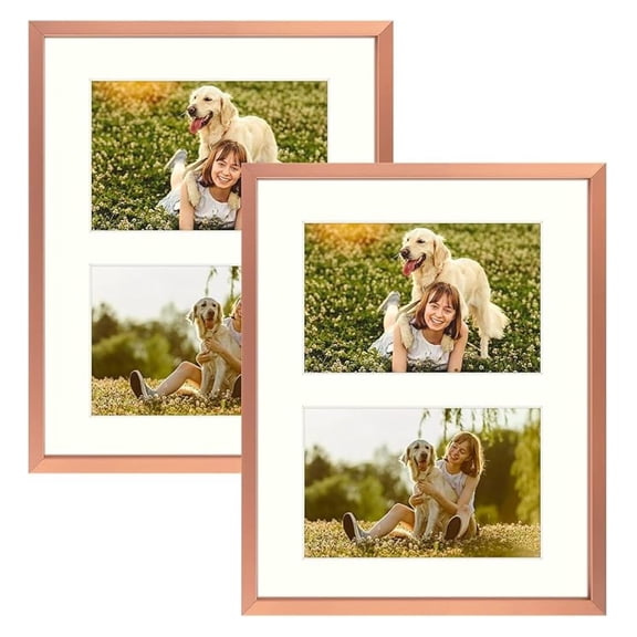 , 4x6 Aluminum Collage Frame, Displays 6x4 Pictures With 2 Openings Mat or One 8x10 Photo, Real Glass, Portrait/Landscape Wall/ Display, Rose , 2 Pack