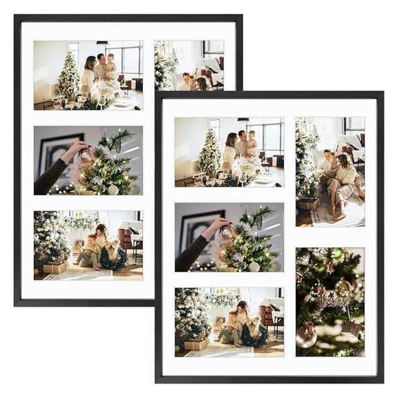 , 4x6 Aluminum Collage Frame, Displays 6x4 Pictures With 5 Openings Mat or One 11x14 Photo, Real Glass, Portrait/Landscape Wall Display, Black, 2 Pack