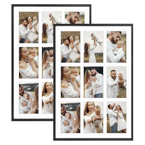 , 4x6 Aluminum Collage Frame, Displays 6x4 Pictures With 9 Openings Mat or One 13.6x19.7 Photo, Real Glass, Portrait/Landscape Wall Display, Black, 2 Pack