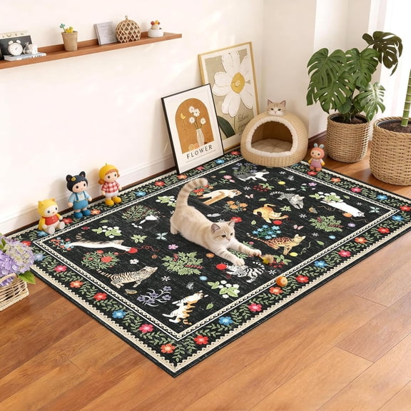 4x6 Area Rug Living Room, Cute Cat Print Throw Rugs with Rubber Backing Washable, Non Shedding Stain Resistant Floral Carpet Foldable Low Pile Soft Mats for Bedroom, Dining Room, Nursery, Black