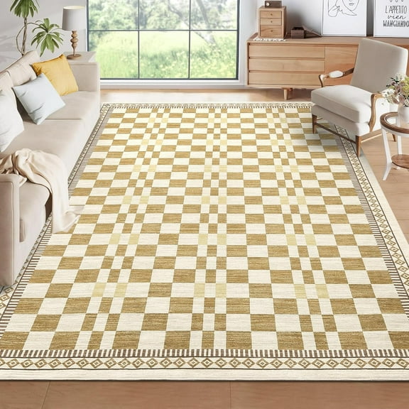 4x6 Area Rug for Entryway, Non-Slip, Low Pile, Machine Washable, Modern Abstract Checkered, High Traffic, Baby Room, Kitchen, Yellow.