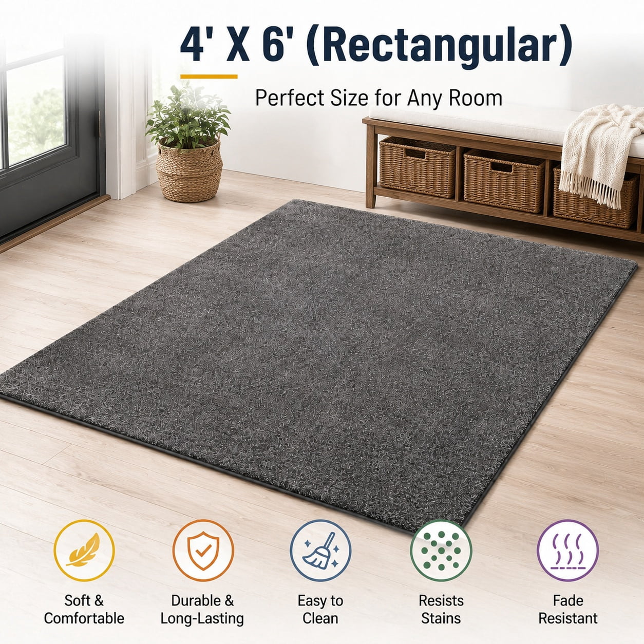 4x6 Rectangular Rug For Bedroom 4x6 Area Rug for Living Room, Soft Washable Memory Foam Bedroom Carpet ...