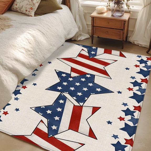 4x6 Area Rugs, 4th of July Non-Skid Rubber Backing Large Rectangle Rugs - Living Room Bedroom Home Office, Patriotic Blue Red Star Independence Day Indoor Floor Mat Carpets Washable Rug