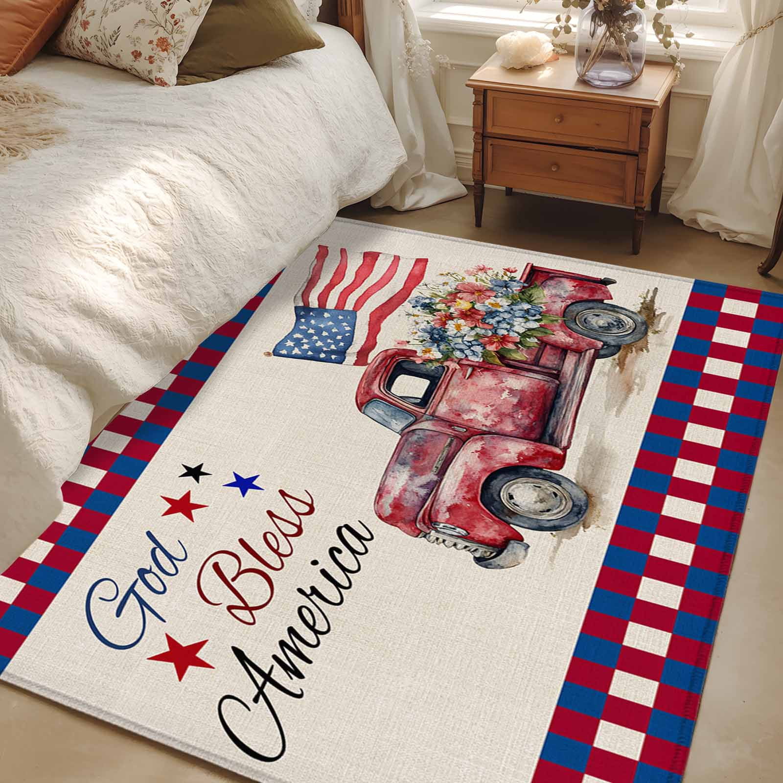 Red Plaid Rug 4x6 4x6 Area Rugs, 4th of July Non-Skid Rubber Backing Large Rectangle Rugs ...