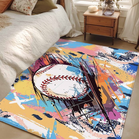 4x6 Area Rugs, Baseball Sports, Non-Skid Rubber Backing Large Rectangle Rugs - Living Room Bedroom Home Office, Minimalist Geometric Smear Art Indoor Floor Mat Carpets Washable Rug