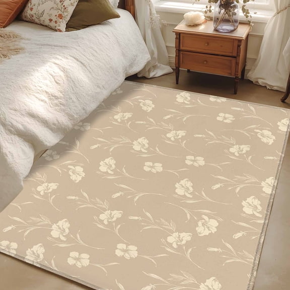 4x6 Area Rugs, Beige Floral Non-Skid Rubber Backing Large Rectangle Rugs - Living Room Bedroom Home Office, Vintage Spring Botanical Flowers Indoor Floor Mat Carpets Washable Rug