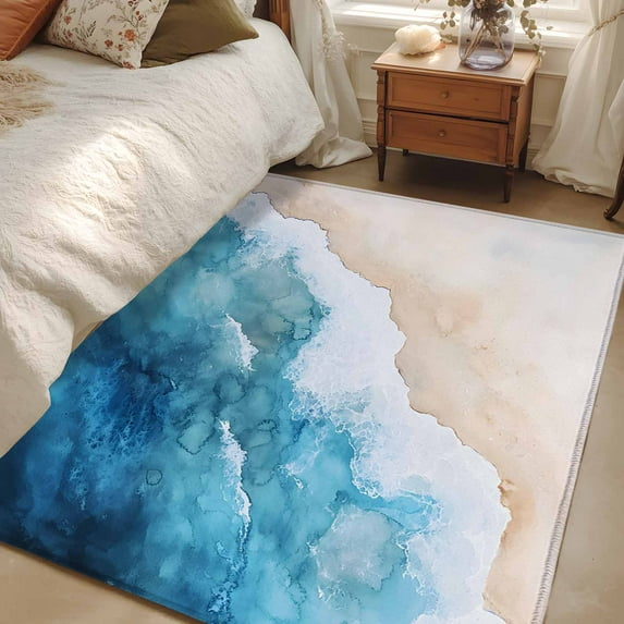 4x6 Area Rugs, Blue Beach Coastal Non-Skid Rubber Backing Large Rectangle Rugs - Living Room Bedroom Home Office, Summer Ocean Seaside Nautical Indoor Floor Mat Carpets Washable Rug