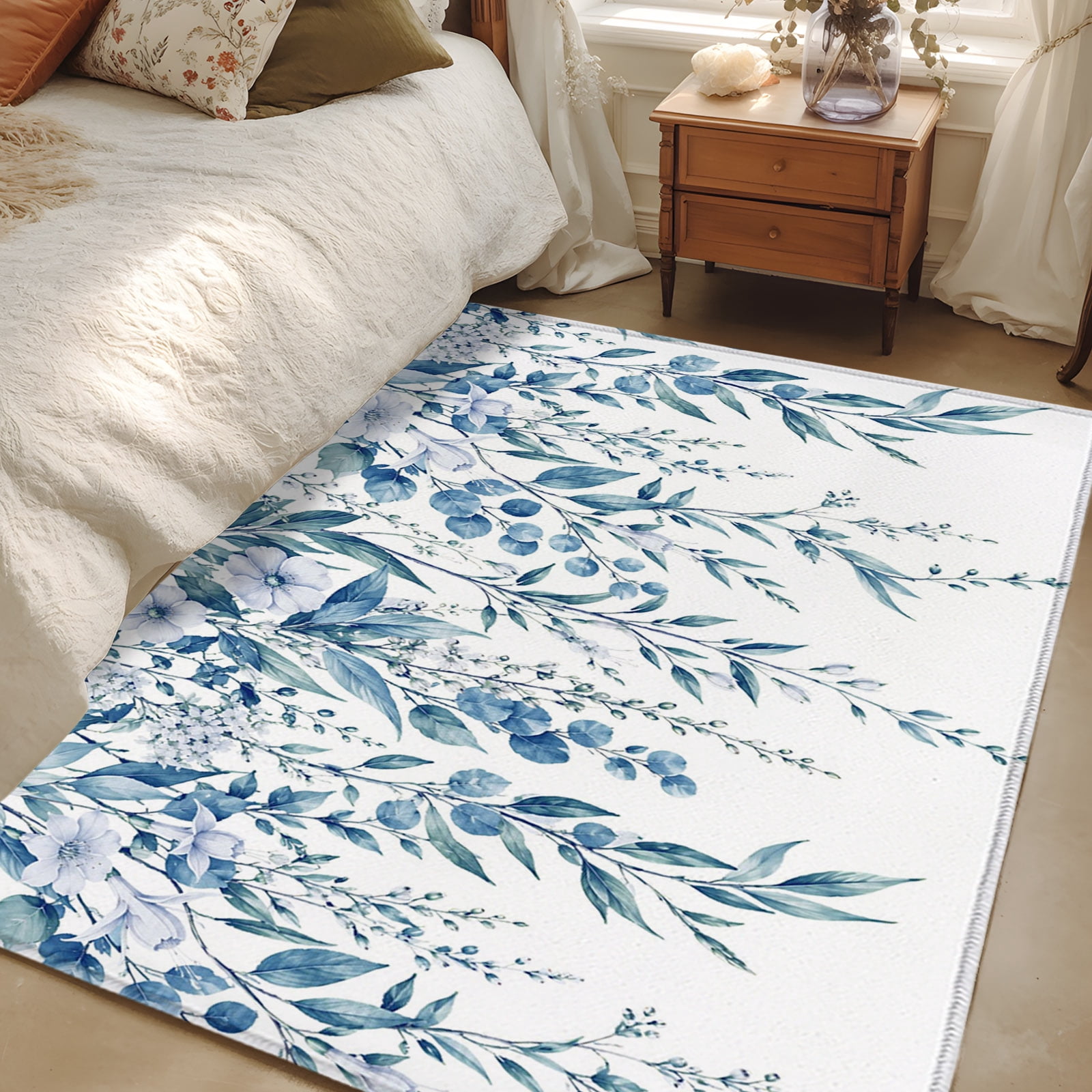 Signage Rug 4x6 Area Rugs, Blue Eucalyptus Leaves Non-Skid Rubber Backing Large ...