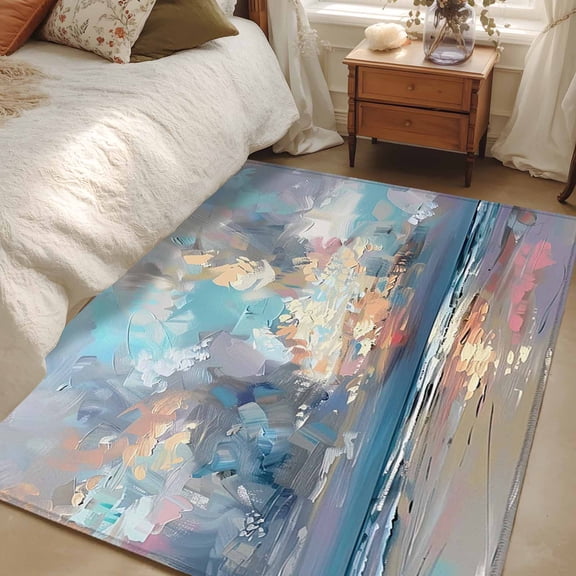 4x6 Area Rugs, Blue Gray Coastal Non-Skid Rubber Backing Large Rectangle Rugs - Living Room Bedroom Home Office, Oil Painting Modern Abstract Art Indoor Floor Mat Carpets Washable Rug