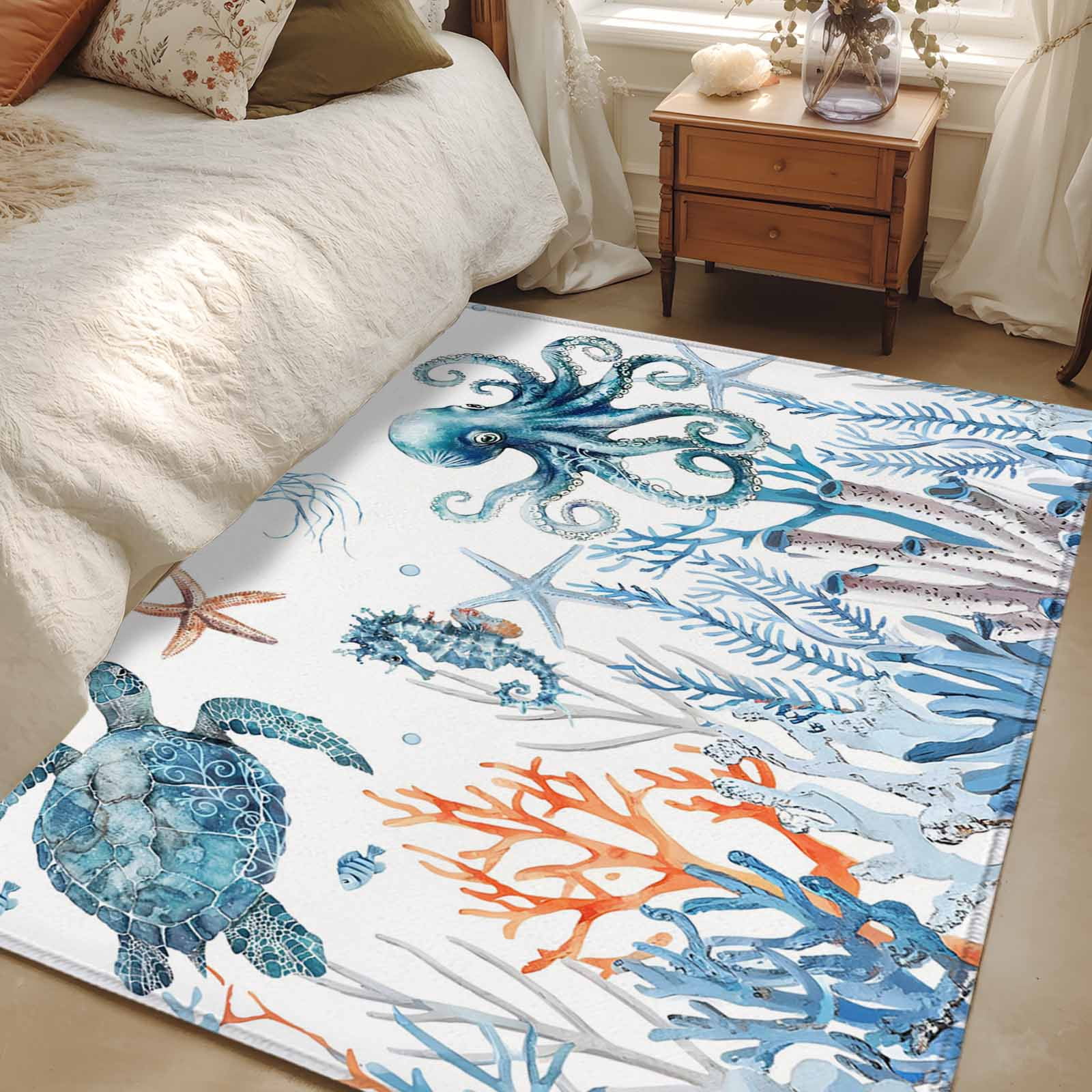 Turtle Themed Rug 4x6 Area Rugs, Blue Turtle Coastal Non-Skid Rubber Backing Large ...