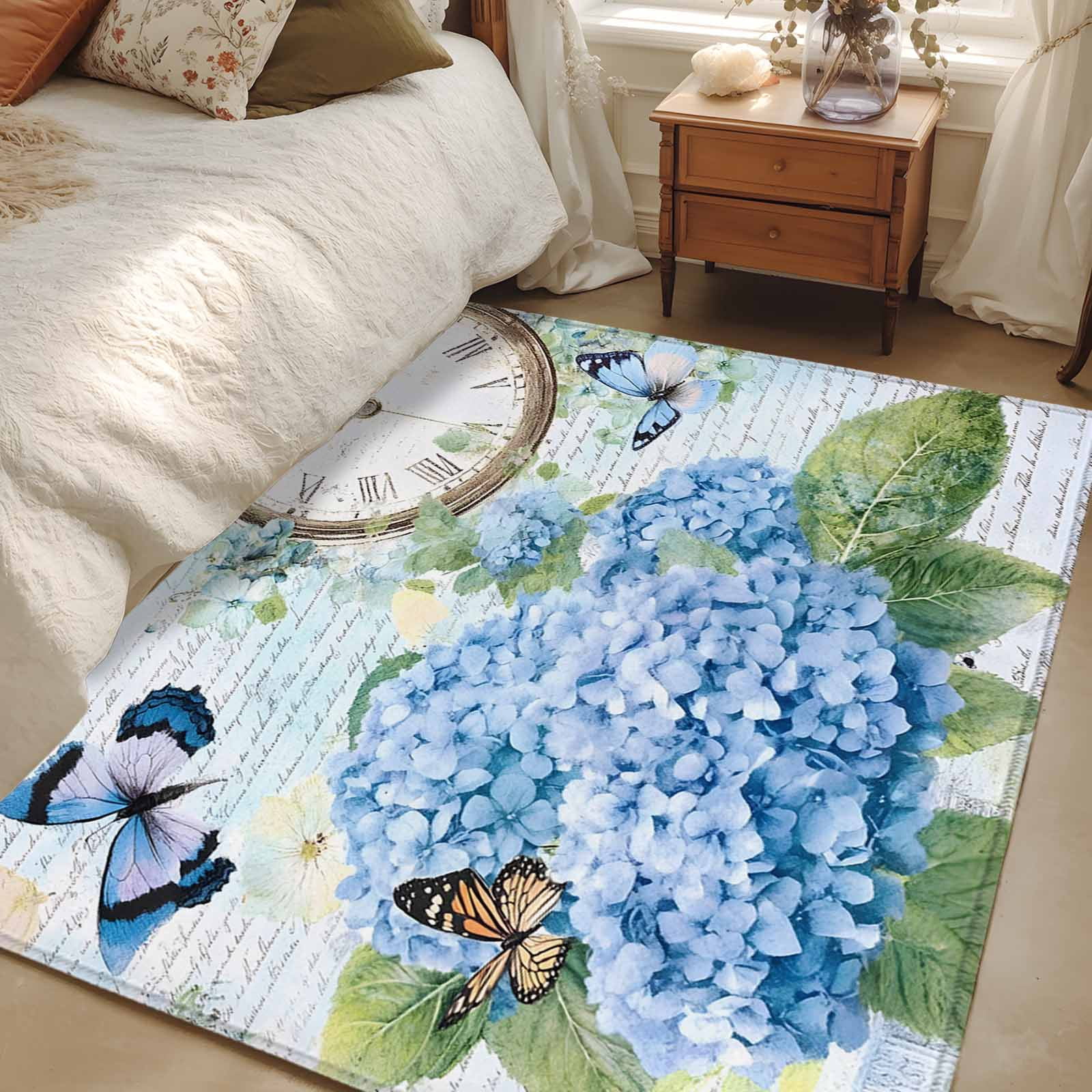 4x6 Area Rugs, Blue Vintage Hydrangea Non-Skid Rubber Backing Large ...