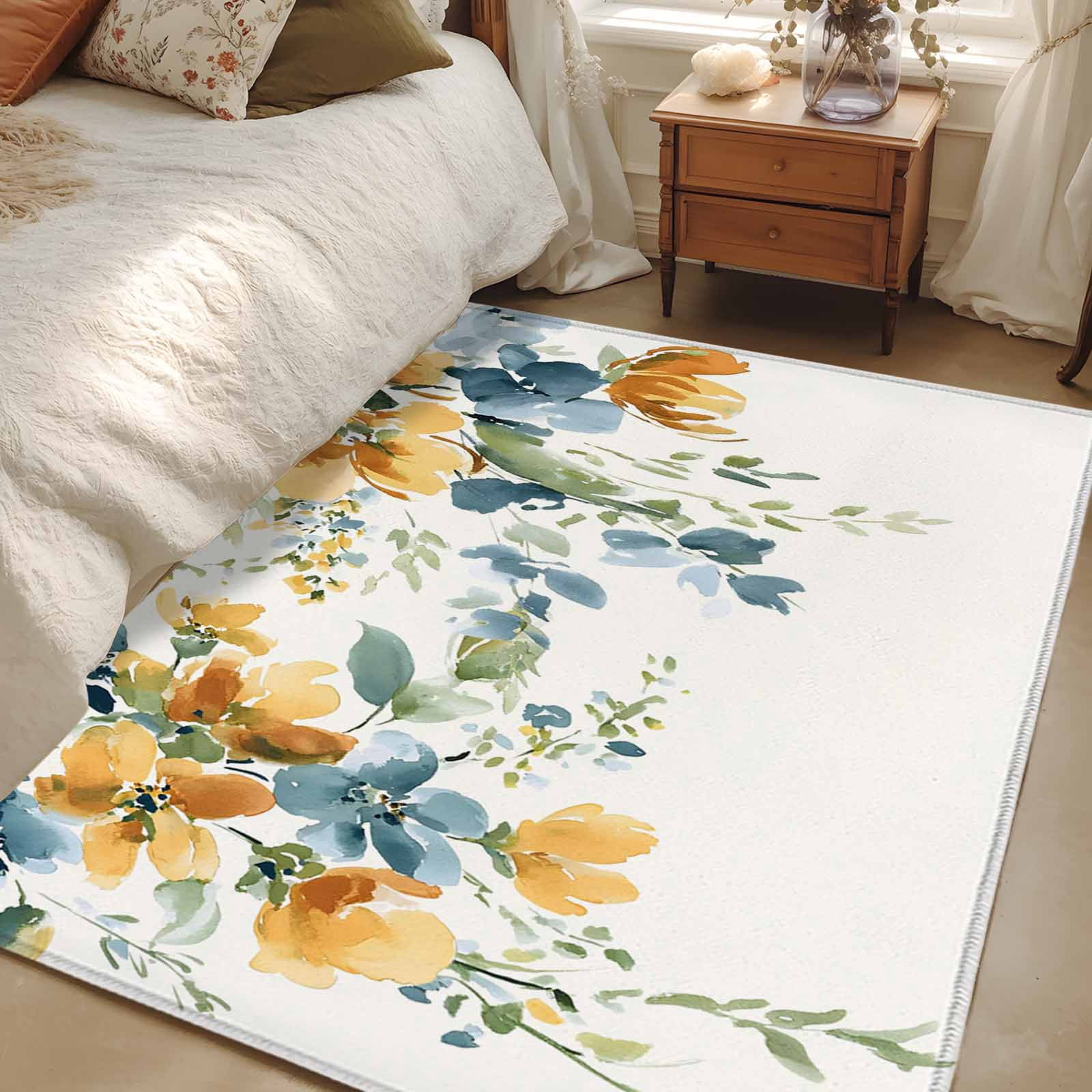 4x6 Area Rugs, Blue Yellow Spring Floral Non-Skid Rubber Backing Large ...