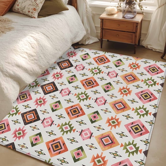 4x6 Area Rugs, Boho Geometric Non-Skid Rubber Backing Large Rectangle Rugs - Living Room Bedroom Home Office, Modern Abstract Art Ethnic Rhombus Indoor Floor Mat Carpets Washable Rug