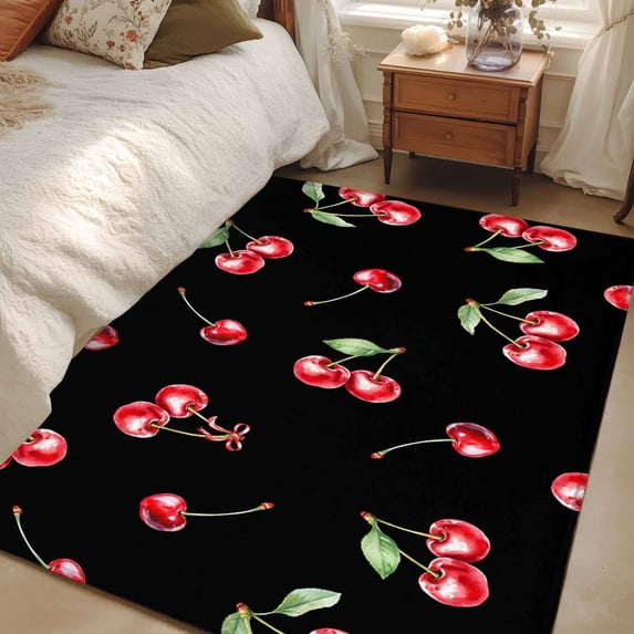 4x6 Area Rugs, Cherry Rustic Non-Skid Rubber Backing Large Rectangle Rugs - Living Room Bedroom Home Office, Spring Summer Tropic Fruit Black Indoor Floor Mat Carpets Washable Rug