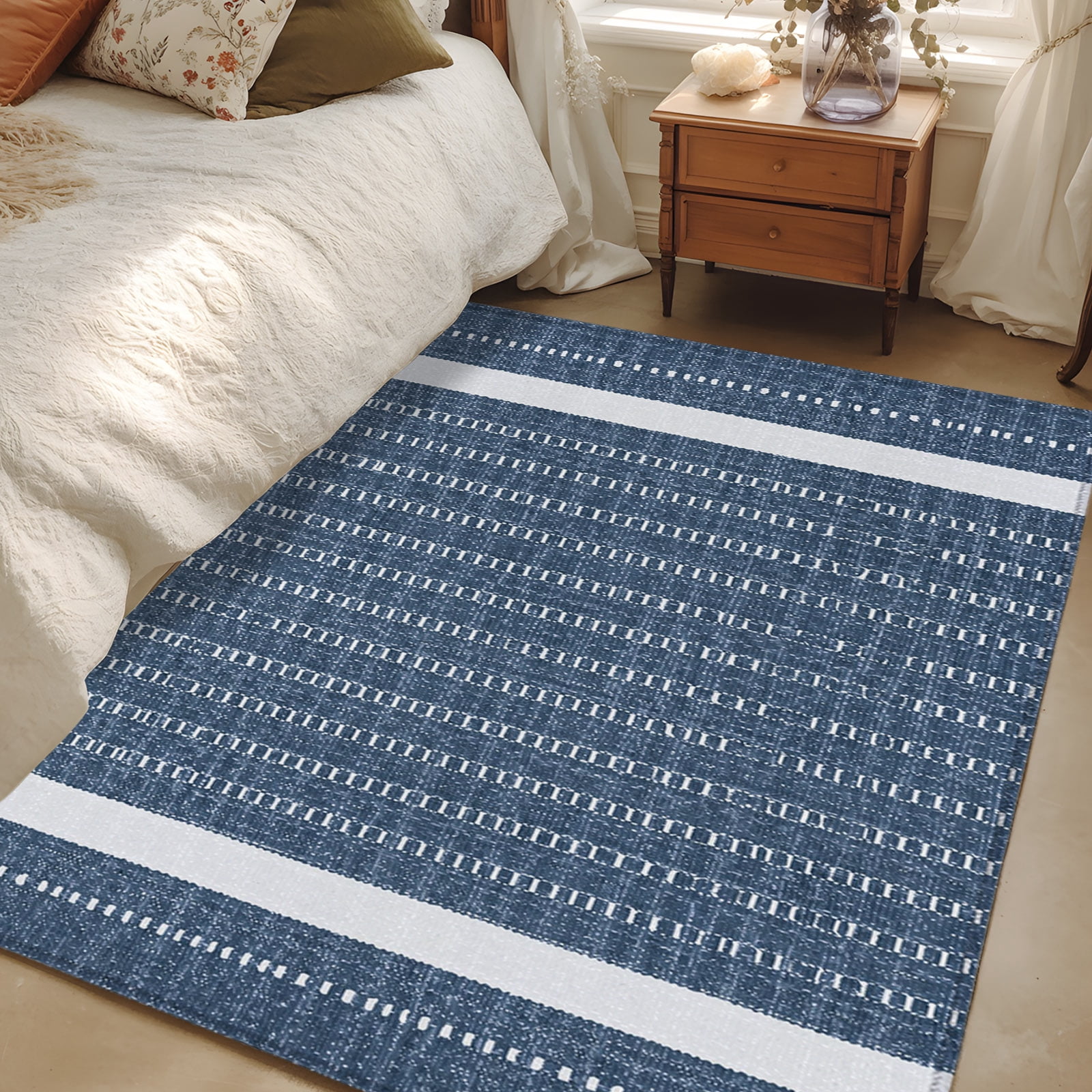 4x6 Rectangular Rug For Bedroom 4x6 Area Rugs, Dark Blue Striped Non-Skid Rubber Backing Large ...