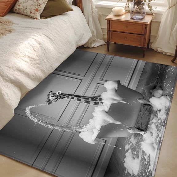 4x6 Area Rugs, Giraffe Non-Skid Rubber Backing Large Rectangle Rugs - Living Room Bedroom Home Office, Funny Animal Bathtub Abstract Art Grey Indoor Floor Mat Carpets Washable Rug